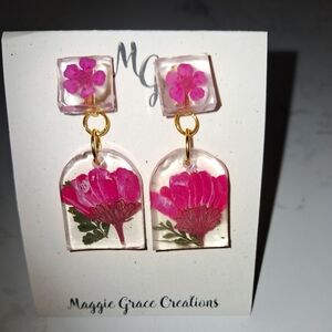 Handmade Pink Floral Resin Earrings